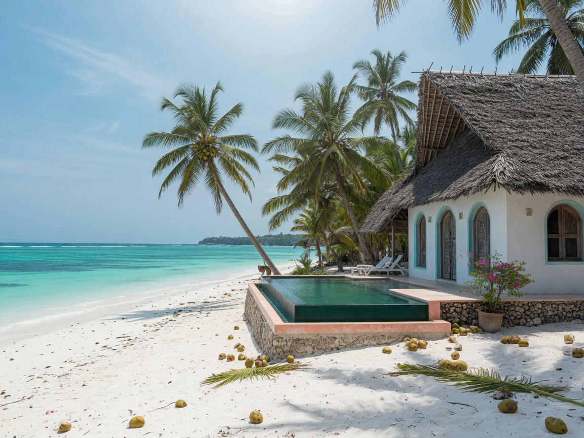 Thatched beach villa with a small pool on white sand at Diani Beach, Kenya