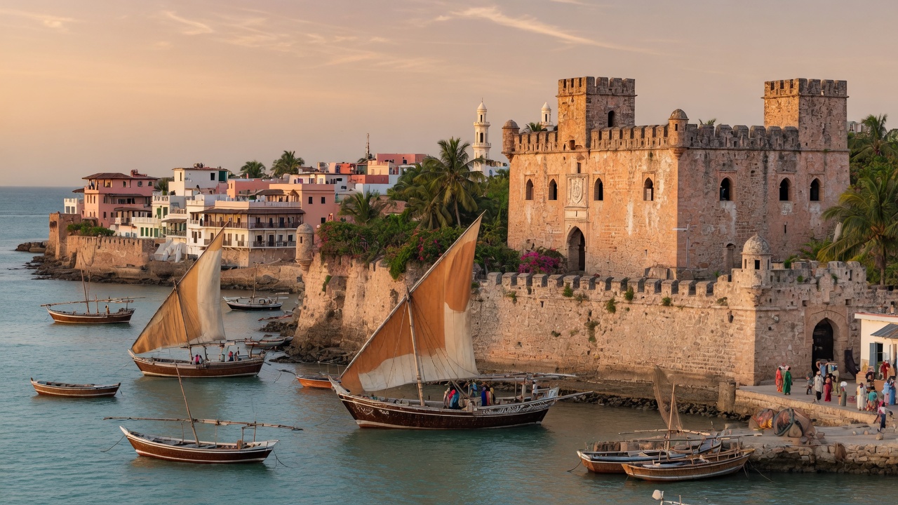 Fort Jesus and dhows in Mombasa Old Town harbour at sunset