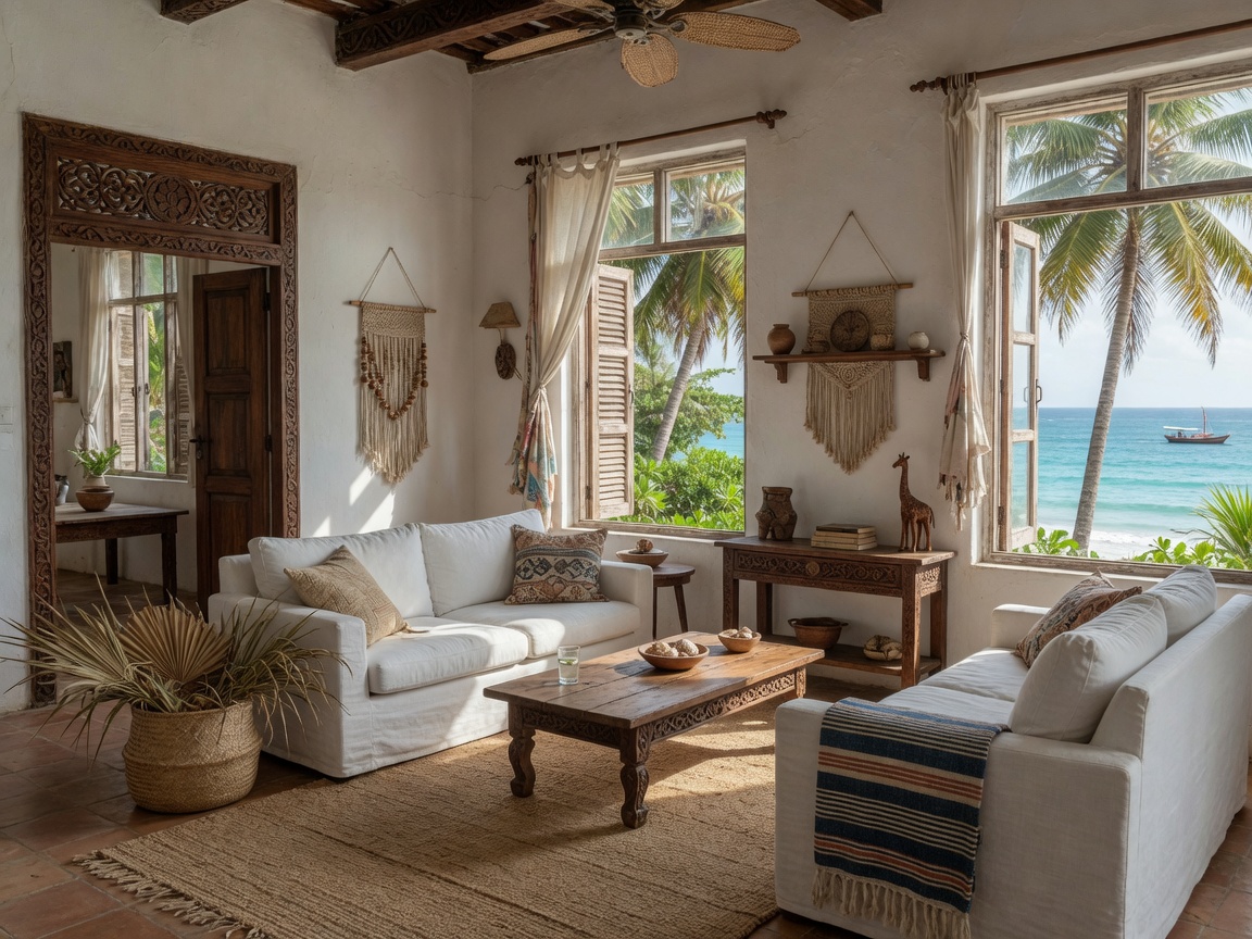 Bright coastal living room with white sofas, carved wood, and an ocean view through open windows