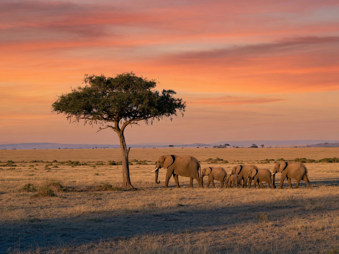 Elephants walking across the Maasai Mara savannah at sunset beside an acacia tree