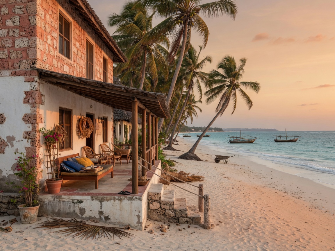 Coral-stone vacation home on a Mombasa beach at sunset, with palms and dhows on the Indian Ocean