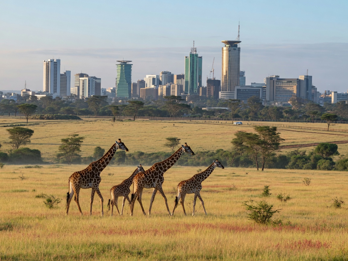 Giraffes walking through Nairobi National Park with the Nairobi skyline in the distance